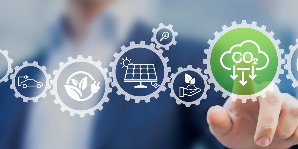 Sustainability icons represent corporate response to climate change